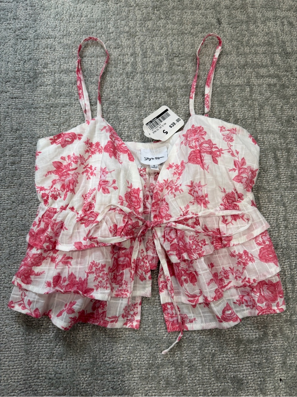 Floral Tie-Front Ruffle Cami Top in Pink and White